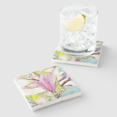 Roze magnolia waterverf blauwe achtergrond stenen onderzetter (Zijkant)