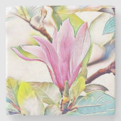 Roze magnolia waterverf blauwe achtergrond stenen onderzetter (Voorkant)