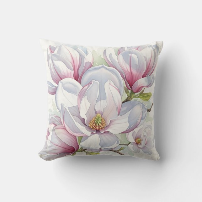 Roze Magnolia Waterverf Bloemstuk Kussen (Voorkant)