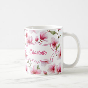 Roze Magnolia Waterverf Botanische Monogram Naam Koffiemok