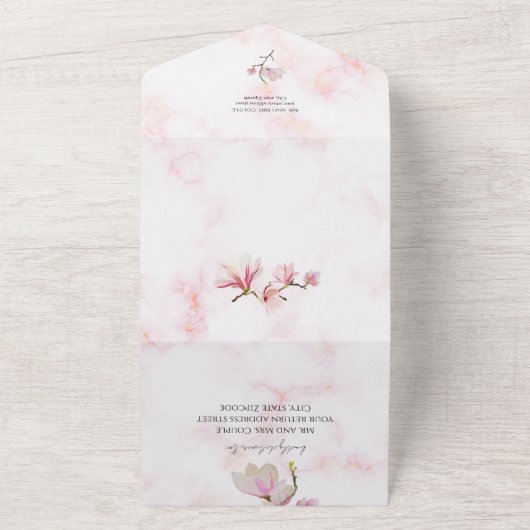 Roze Magnolia Waterverf bruiloft All In One Uitnodiging (Buitenkant)