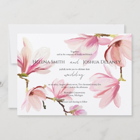 Roze Magnolia Waterverf bruiloft uitnodiging (Voorkant)