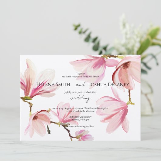 Roze Magnolia Waterverf bruiloft uitnodiging (Staand voorkant)