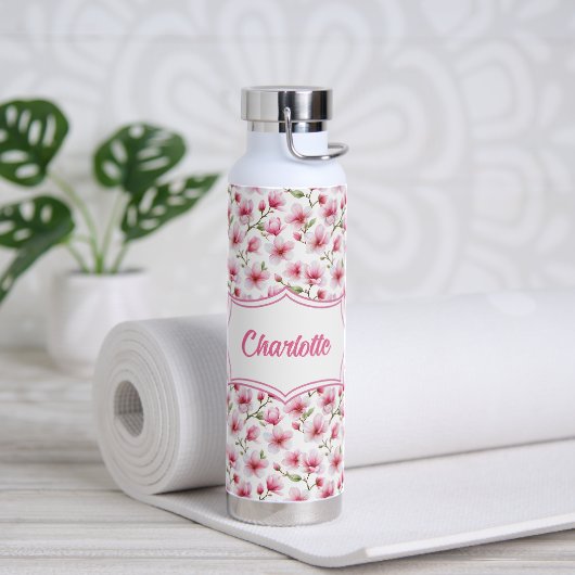 Roze Magnolia Waterverf Monogram Naam Waterfles (Yoga)