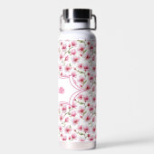 Roze Magnolia Waterverf Monogram Naam Waterfles (Achterkant)