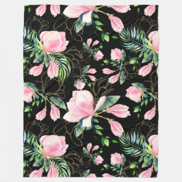 Roze Magnolia Waterverf Pattern Black Fleece Deken