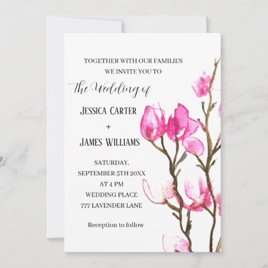 Roze Magnolia Waterverf Rustic Wedding Kaart (Voorkant)