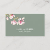 Roze Magnolia Waterverven Sage-groene achtergrond Visitekaartje (Voorkant)