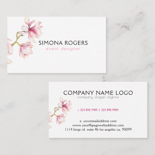 Roze Magnolia Waterverven Visitekaartje (Voorkant / Achterkant)