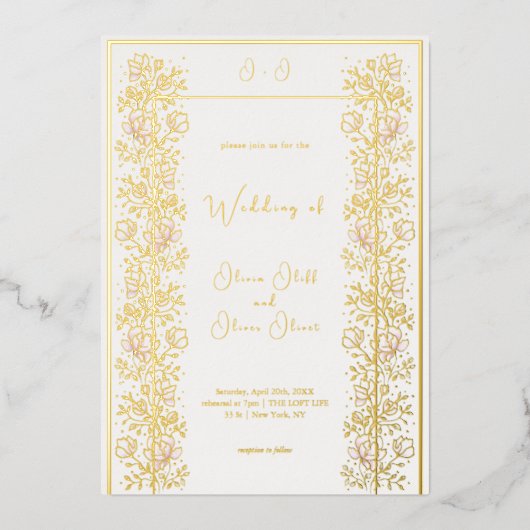 Roze Magnolia Wedding Folie Uitnodiging (Voorkant)