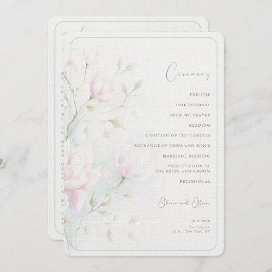 Roze Magnolia Wedding Programmakaart (Voorkant / Achterkant)