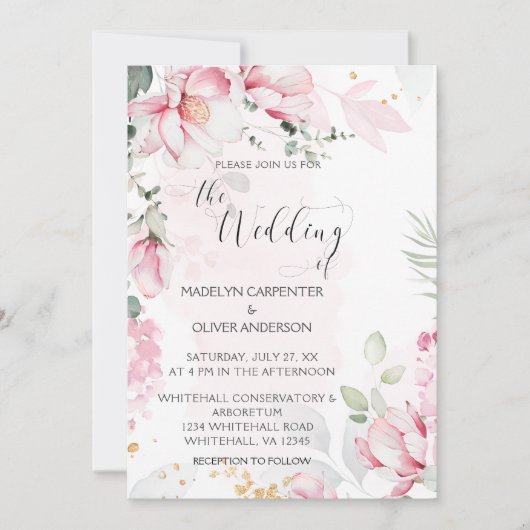 Roze Magnolia's bruiloft uitnodiging (Voorkant)