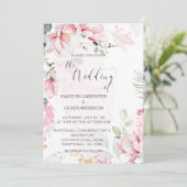 Roze Magnolia's bruiloft uitnodiging (Staand voorkant)