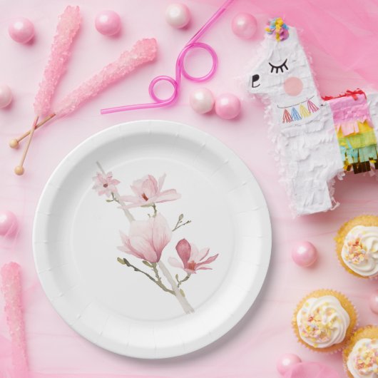 Roze Magnolia's en groene papier Borden Papieren Bordje (Feest)