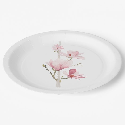 Roze Magnolia's en groene papier Borden Papieren Bordje (Gekanteld)
