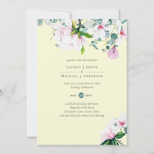 Roze Magnolias Floral en Yellow Wedding Invite (Voorkant)