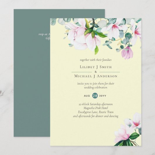 Roze Magnolias Floral en Yellow Wedding Invite (Voorkant / Achterkant)
