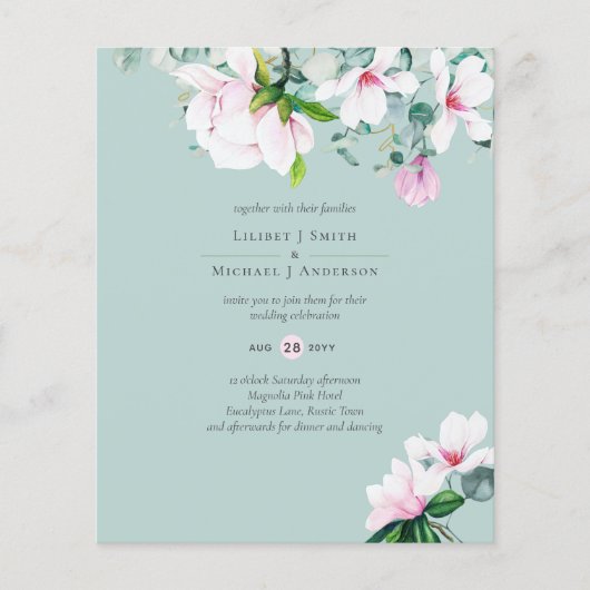 Roze Magnolias Floral en Yellow Wedding Invite Flyer (Voorkant)