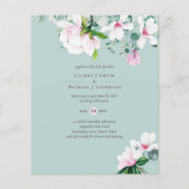 Roze Magnolias Floral en Yellow Wedding Invite Flyer
