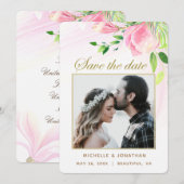 Roze Magnolias Floral PHOTO Inspirerend huwelijk Save The Date (Voorkant / Achterkant)
