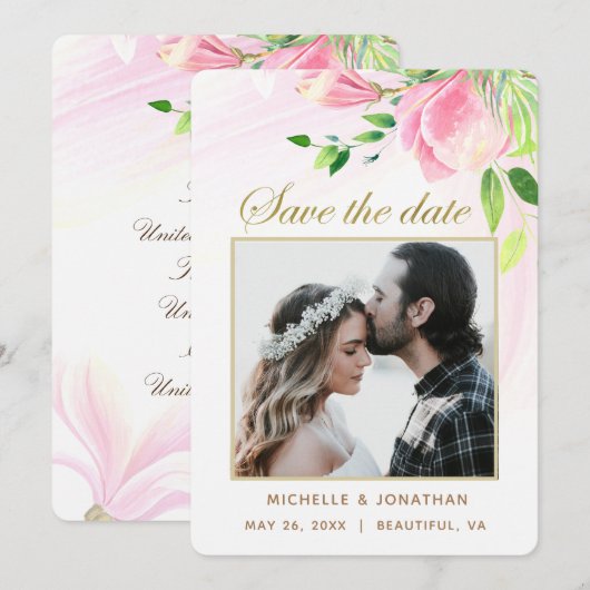 Roze Magnolias Floral PHOTO Inspirerend huwelijk Save The Date (Voorkant / Achterkant)