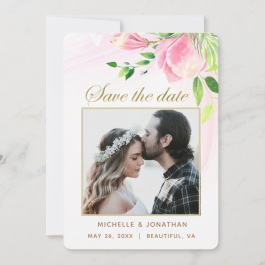 Roze Magnolias Floral PHOTO Inspirerend huwelijk Save The Date (Voorkant)