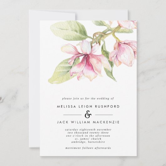 Roze Magnolias Floral Wedding Kaart (Voorkant)