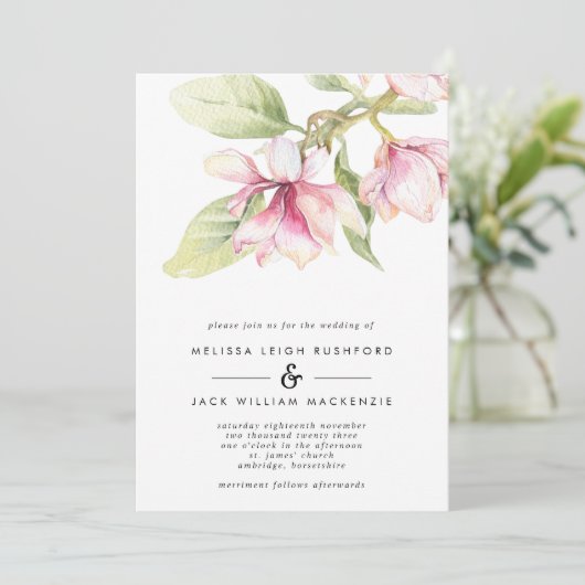 Roze Magnolias Floral Wedding Kaart (Staand voorkant)