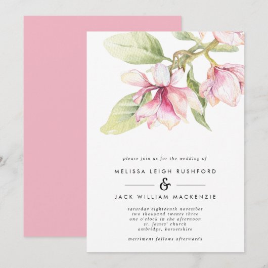 Roze Magnolias Floral Wedding Kaart (Voorkant / Achterkant)