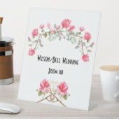 Roze Magnolias Gold Accent Wedding Reclamebord Met Voetstuk (Insitu)