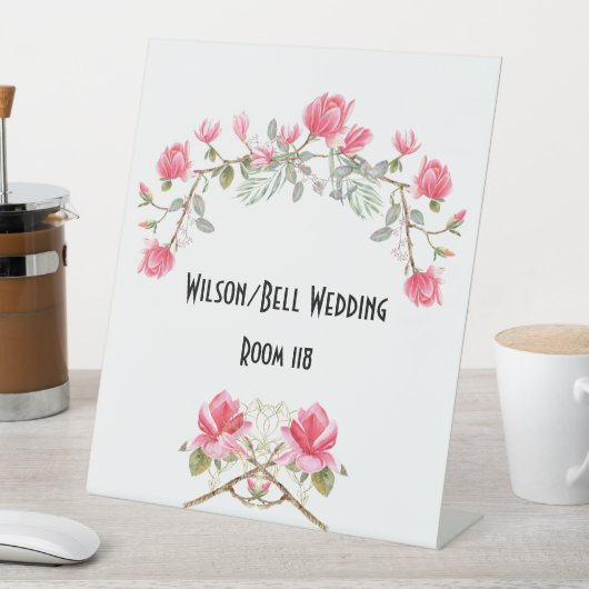 Roze Magnolias Gold Accent Wedding Reclamebord Met Voetstuk (Insitu)