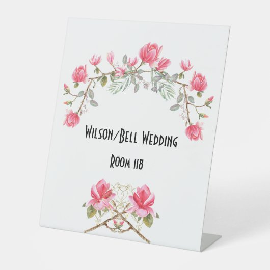 Roze Magnolias Gold Accent Wedding Reclamebord Met Voetstuk (Voorkant)