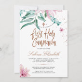 Roze magnolia's heilige eerste communie kaart (Voorkant)