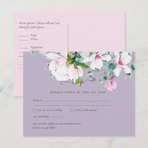 Roze magnolia's lavendel eucalyptus trouwfeest rsv briefkaart