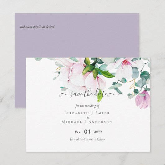 Roze Magnolias Lavender Eucalyptus Save Dates Post Briefkaart (Voorkant / Achterkant)