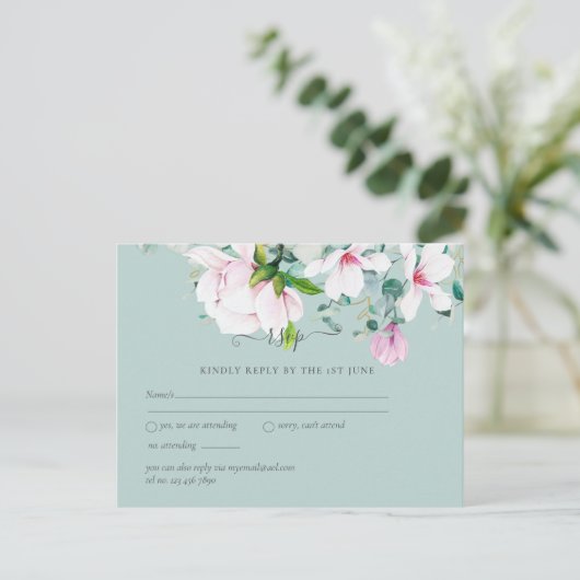 Roze Magnolias Lavender Eucalyptus Wedding rsvp Po Briefkaart (Staand voorkant)