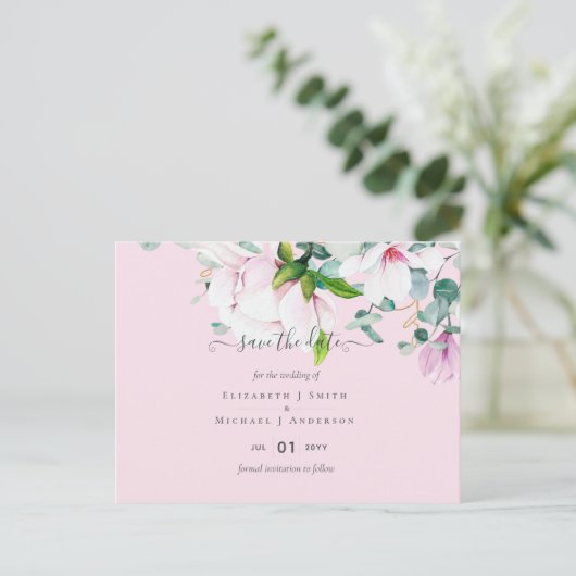 Roze Magnolias Lila Eucalyptus Weduwdata Briefkaart (Staand voorkant)