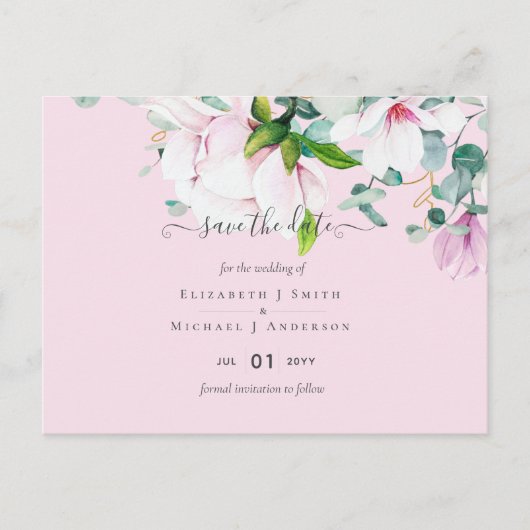 Roze Magnolias Lila Eucalyptus Weduwdata Briefkaart (Voorkant)