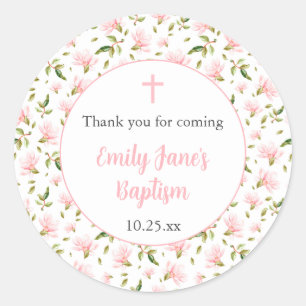 Roze Magnolia's meisje doop bedank sticker