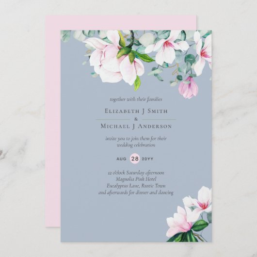 Roze Magnolias Sage Eucalyptus Dusty Blue Wedding (Voorkant / Achterkant)