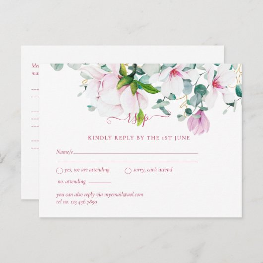 Roze Magnolias Sage Eucalyptus Wedding rsvp Briefkaart (Voorkant / Achterkant)