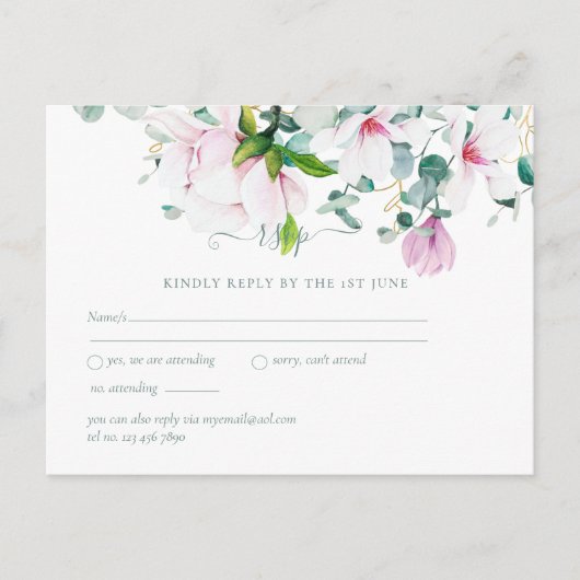 Roze Magnolias Sage Eucalyptus Wedding rsvp Postc Briefkaart (Voorkant)