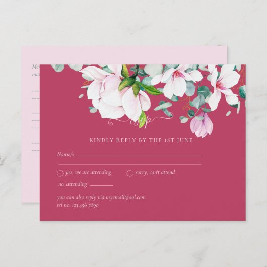 Roze Magnolias Sage Eucalyptus Wedding rsvp Postc Briefkaart (Voorkant / Achterkant)