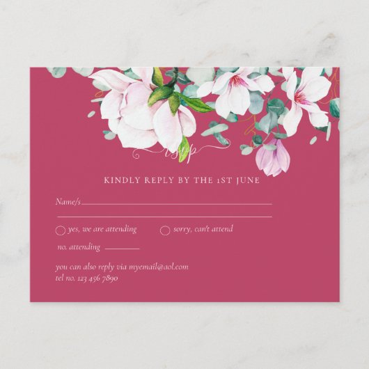 Roze Magnolias Sage Eucalyptus Wedding rsvp Postc Briefkaart (Voorkant)