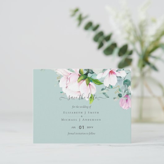 Roze Magnolias Sage Eucalyptus Weduwdata Briefkaart (Staand voorkant)