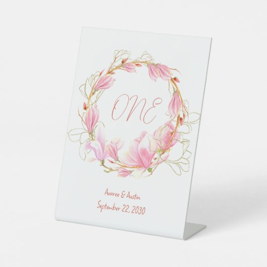 Roze Magnolias Wreath Tabletop Reclamebord Met Voetstuk (Voorkant)
