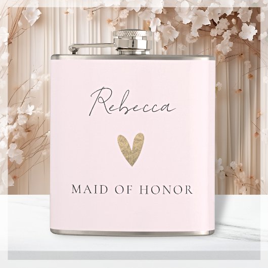 Roze Maid of Honor Gouden Hart Modern Script Heupfles