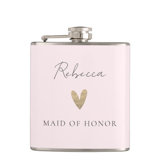 Roze Maid of Honor Gouden Hart Modern Script Heupfles (Voorkant)