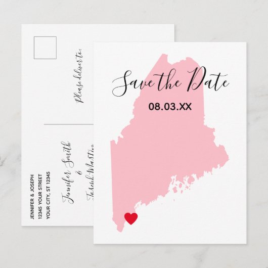 Roze Maine Red Heart Sla de datum op Aankondigingskaart (Voorkant / Achterkant)