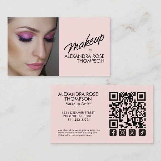 Roze Make-up Artiest Qr Code Social Icon Visitekaartje (Voorkant / Achterkant)